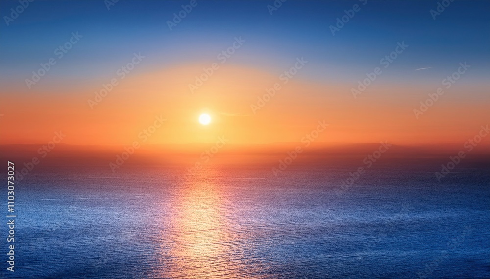 Obraz premium Sunset over the Ocean: Serene landscape photography of a breathtaking sunset casting vibrant hues of orange and blue across a calm ocean. A mesmerizing display of nature's beauty. 