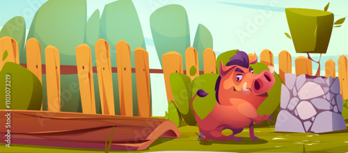 House backyard cartoon background. Wild garden with wood fence in summer. Tree log and warthog animal in green countryside area. Hunting pig in nature environment illustration. Wooden trunk outdoor