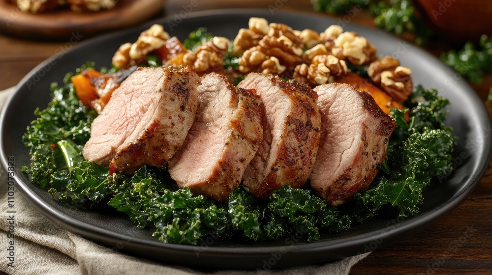 Roasted pork tenderloin slices atop a bed of fresh kale, garnished with walnuts and colorful roasted vegetables on a dark plate. Roasted pork tenderloin slices atop a bed of fresh kale, garnished with walnuts and colorful roasted vegetables on a dark plate.