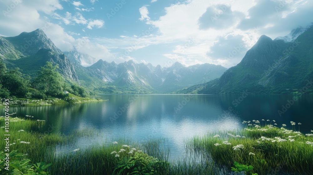 Tranquil lake reflecting majestic mountains under a bright sky, surrounded by lush greenery and vibrant wildflowers along the shore. Tranquil lake reflecting majestic mountains under a bright sky, surrounded by lush greenery and vibrant wildflowers along the shore.
