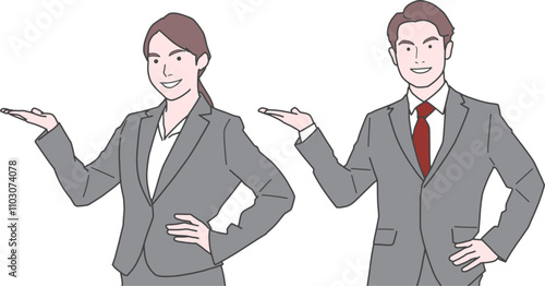 案内するビジネスマン、男女セット