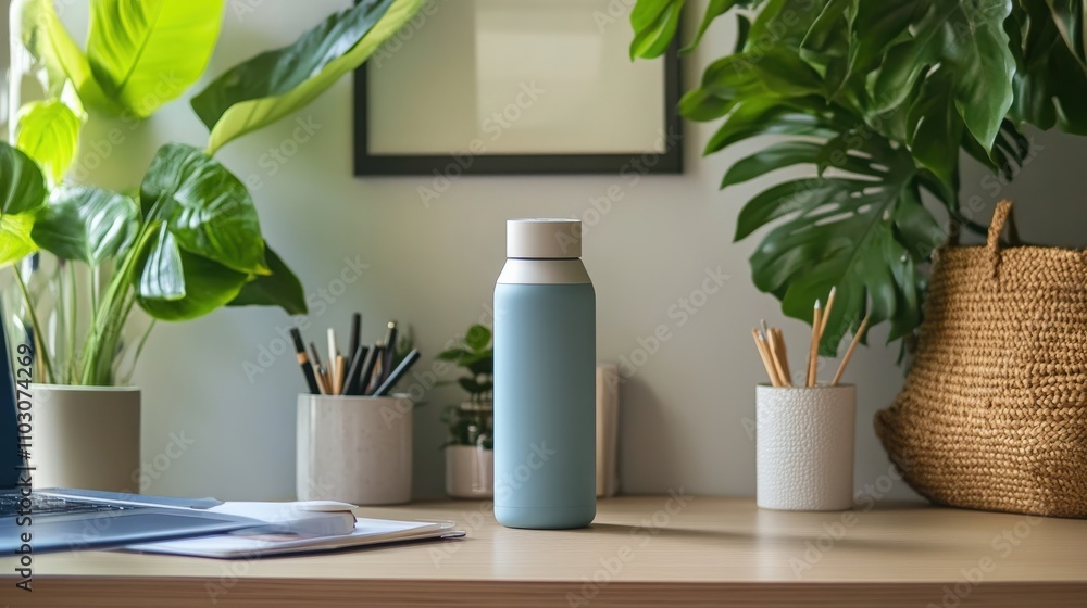 A modern home office features eco-friendly decor, including potted plants, a reusable bottle, and natural materials, creating a calming work environment A modern home office features eco-friendly decor, including potted plants, a reusable bottle, and natural materials, creating a calming work environment