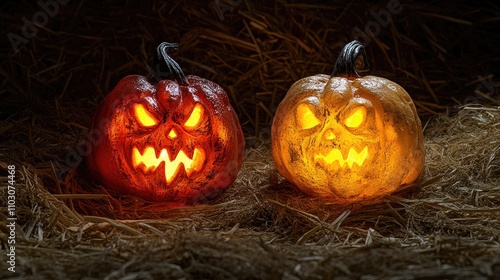 Spooky Halloween pumpkins with devil faces glowing on dry rice straw, creating a haunting atmosphere in the dark night. photo