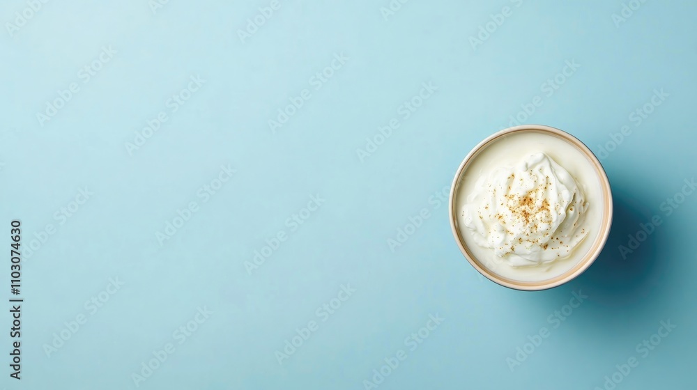 Handcrafted Greek yogurt in a bowl on a blue background, showcasing a creamy texture, ideal for a nutritious breakfast with space for text. Handcrafted Greek yogurt in a bowl on a blue background, showcasing a creamy texture, ideal for a nutritious breakfast with space for text.