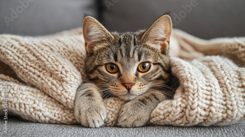 Tabby cat with striking amber eyes relaxing on a plush knitted blanket, resting on a cozy couch while gazing directly at the camera