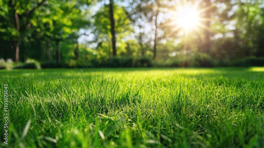 Vibrant green grass illuminated by sunlight in a serene natural setting with lush trees and a soft, warm glow in the background. Vibrant green grass illuminated by sunlight in a serene natural setting with lush trees and a soft, warm glow in the background.
