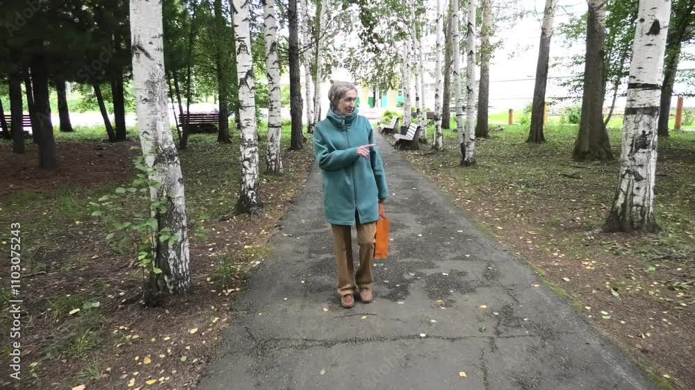 Elderly woman with orange gift bag in her left hand walking along birch alley, front view Elderly woman with orange gift bag in her left hand walking along birch alley, front view