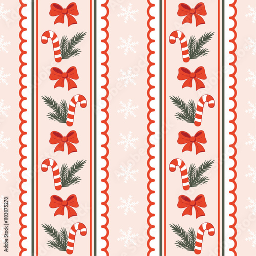 Christmas candy canes and bows in vertical frill ornament, seamless Christmas background
