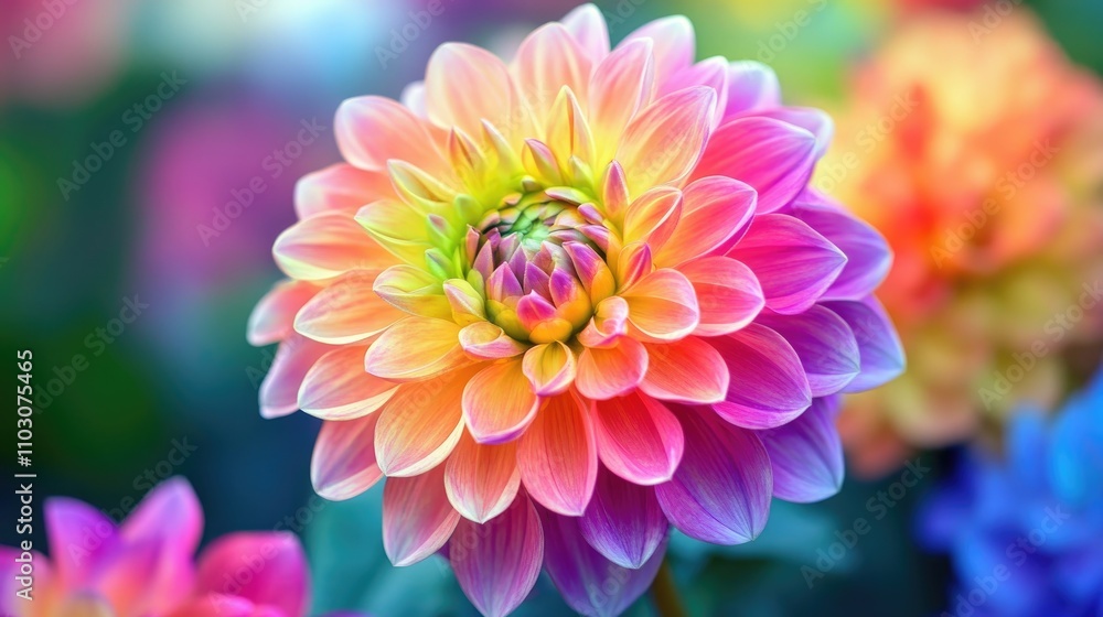 Supannika flower in soft focus displaying a stunning gradient of vibrant colors with intricate layered petals and lush green foliage in the background Supannika flower in soft focus displaying a stunning gradient of vibrant colors with intricate layered petals and lush green foliage in the background