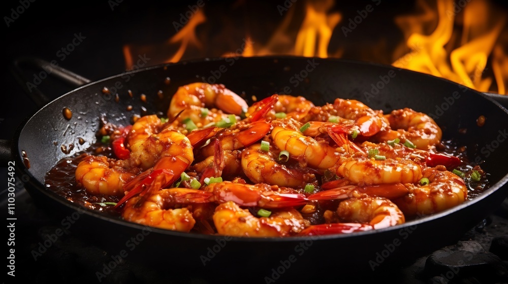 Sizzling Spicy Chili Prawns with Garlic Butter Mid Toss Closeup of chili infused prawns in motion with vibrant oil droplets and sizzling butter sauce Sizzling Spicy Chili Prawns with Garlic Butter Mid Toss Closeup of chili infused prawns in motion with vibrant oil droplets and sizzling butter sauce