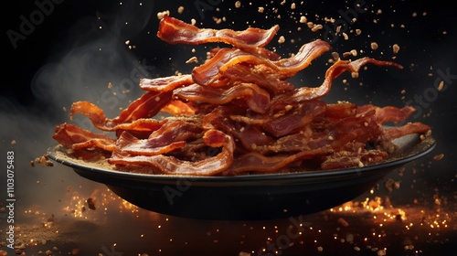 Mouthwatering image of crispy bacon strips flipping mid air showcasing sizzling fat droplets and a smoky atmospheric backdrop capturing the essence of a delicious culinary moment photo