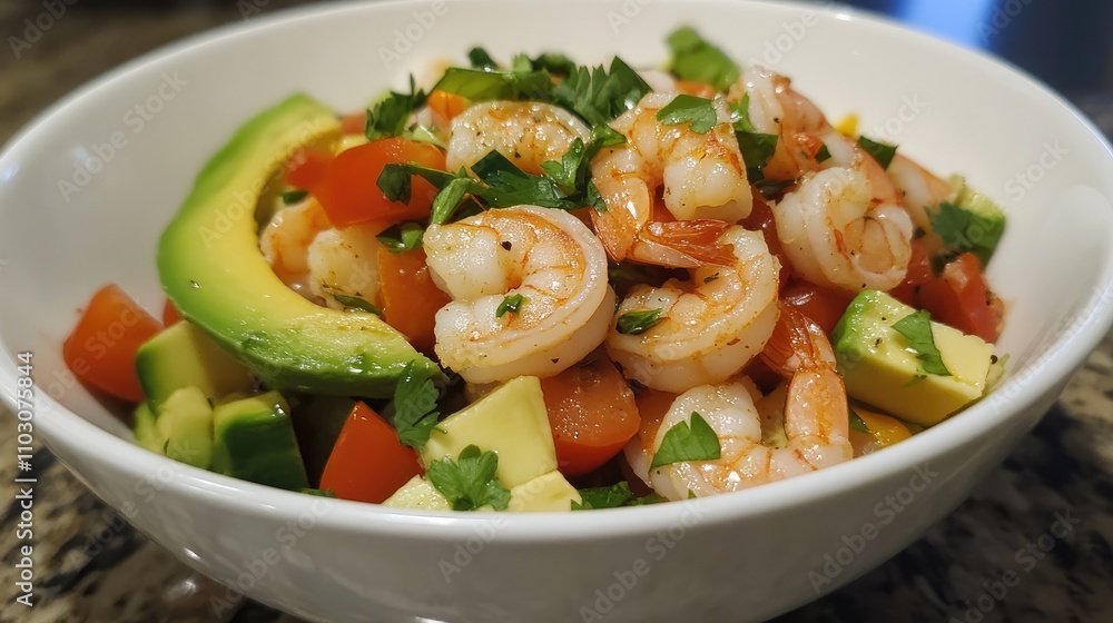 Vibrant shrimp salad with fresh avocado, diced tomatoes, and herbs in a white bowl, showcasing healthy ingredients and colorful presentation. Vibrant shrimp salad with fresh avocado, diced tomatoes, and herbs in a white bowl, showcasing healthy ingredients and colorful presentation.