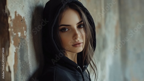 Stylish female model with long hair in a black hoodie, posing thoughtfully indoors against a textured wall, exuding a trendy urban vibe.