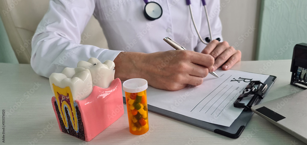 Female dentist works on dental implant and writes prescription f Female dentist works on dental implant and writes prescription f