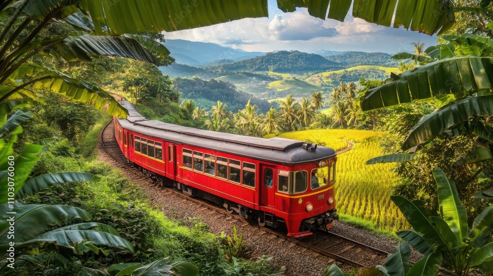 Obraz premium Train Journey Through Tropical Paddy Fields