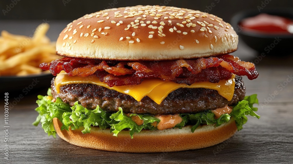 Succulent double cheeseburger with crispy bacon, fresh lettuce, and melted cheese on a toasted sesame seed bun, accompanied by fries. Succulent double cheeseburger with crispy bacon, fresh lettuce, and melted cheese on a toasted sesame seed bun, accompanied by fries.