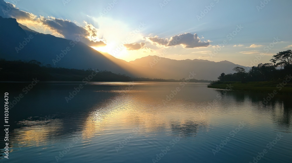 Serene Sunset Over Mountain Lake Reflections Serene Sunset Over Mountain Lake Reflections