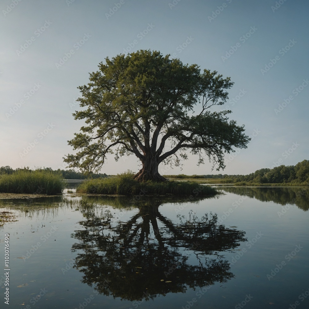 Obraz premium A tree standing on a small island in the middle of a calm pond.