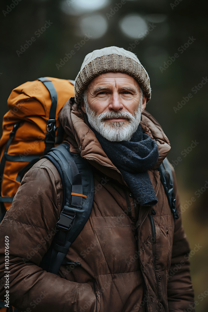 rugged man with gray beard and warm clothing stands confidently in nature, ready for outdoor adventure. His backpack and hat reflect his love for exploration rugged man with gray beard and warm clothing stands confidently in nature, ready for outdoor adventure. His backpack and hat reflect his love for exploration