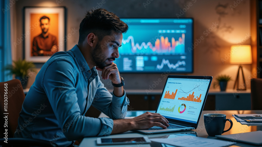 Focused businessman analyzing market data for tech startup: Perfect for articles on entrepreneurship Focused businessman analyzing market data for tech startup: Perfect for articles on entrepreneurship