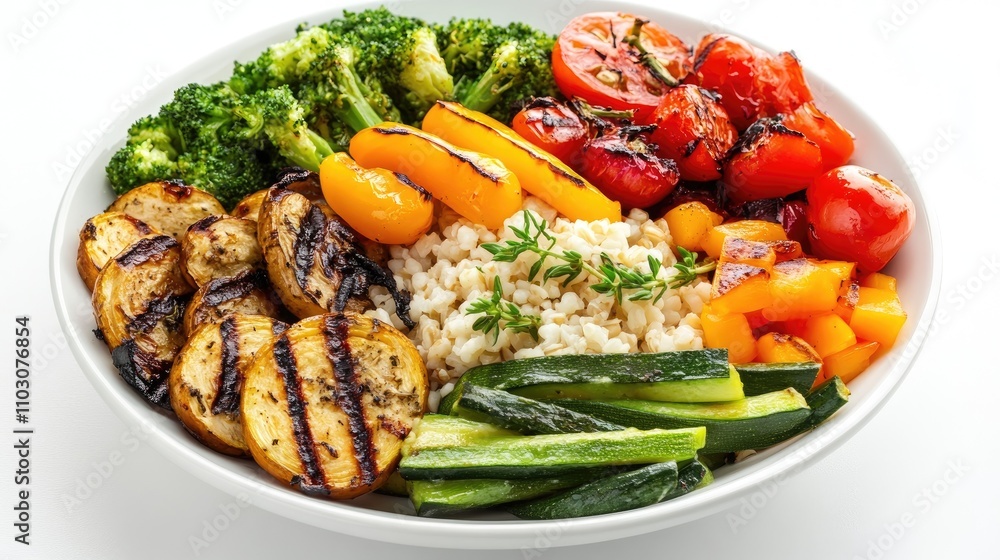 Colorful grilled vegetable and grain bowl featuring broccoli, tomatoes, bell peppers, zucchini, and grains, showcasing nutritious plant-based protein options. Colorful grilled vegetable and grain bowl featuring broccoli, tomatoes, bell peppers, zucchini, and grains, showcasing nutritious plant-based protein options.