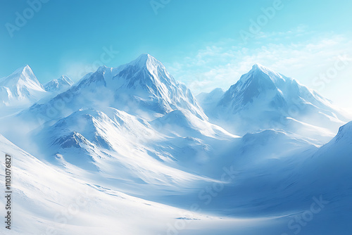 Wallpaper Mural Majestic snow-covered mountains under a clear blue sky, with soft sunlight reflecting off the icy peaks. A serene and timeless winter wonderland Torontodigital.ca