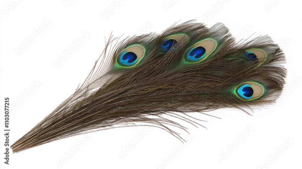 Obraz premium Isolated vibrant peacock feather plume with striking blue and green eye patterns arranged elegantly on a clean white background.