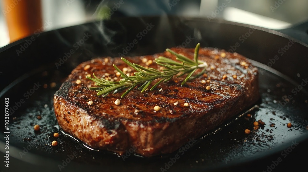 Fototapeta premium Succulent grilled steak garnished with fresh rosemary, highlighting nutritious low-carb options in a ketogenic diet for mindful eating.