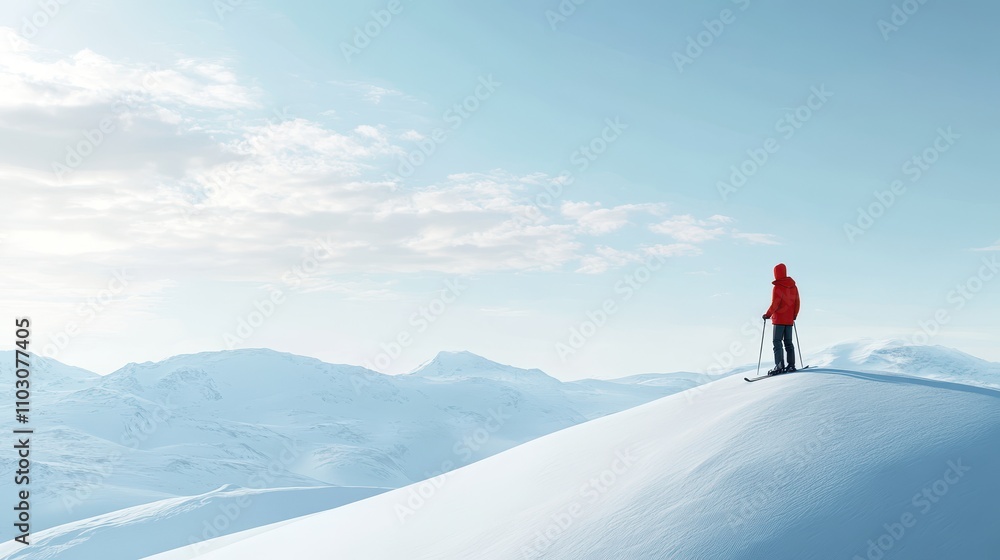 3D rendering of A skier at the top of a snow hill and looking at the landscape view in winter. Template concept with copy space. 3D rendering of A skier at the top of a snow hill and looking at the landscape view in winter. Template concept with copy space.