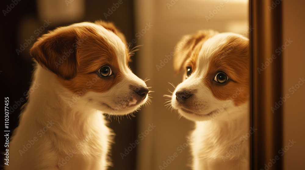 Curious puppy gazing at its own reflection in a mirror under warm light Curious puppy gazing at its own reflection in a mirror under warm light
