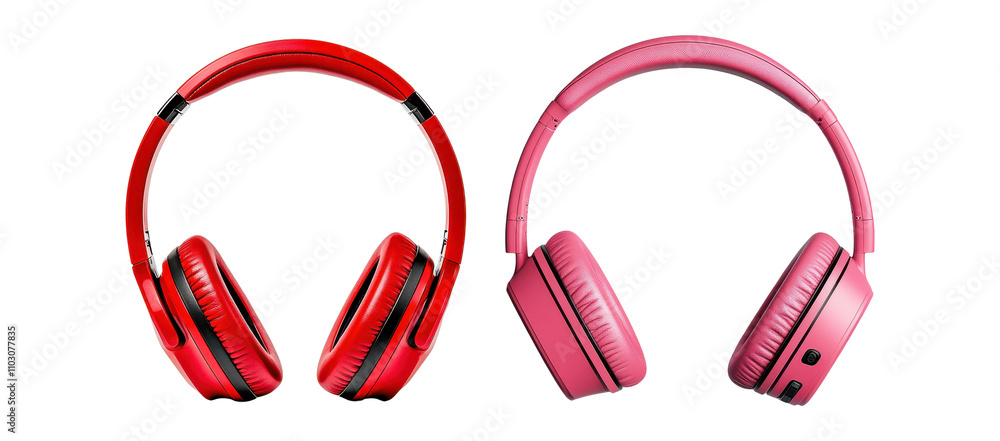 Fototapeta premium Red and Pimkover-ear headphones set isolated on transparent background