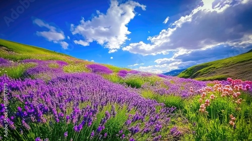 Vibrant lavender fields flourish under a brilliant blue sky, showcasing rows of blooming flowers amid stunning natural landscapes.