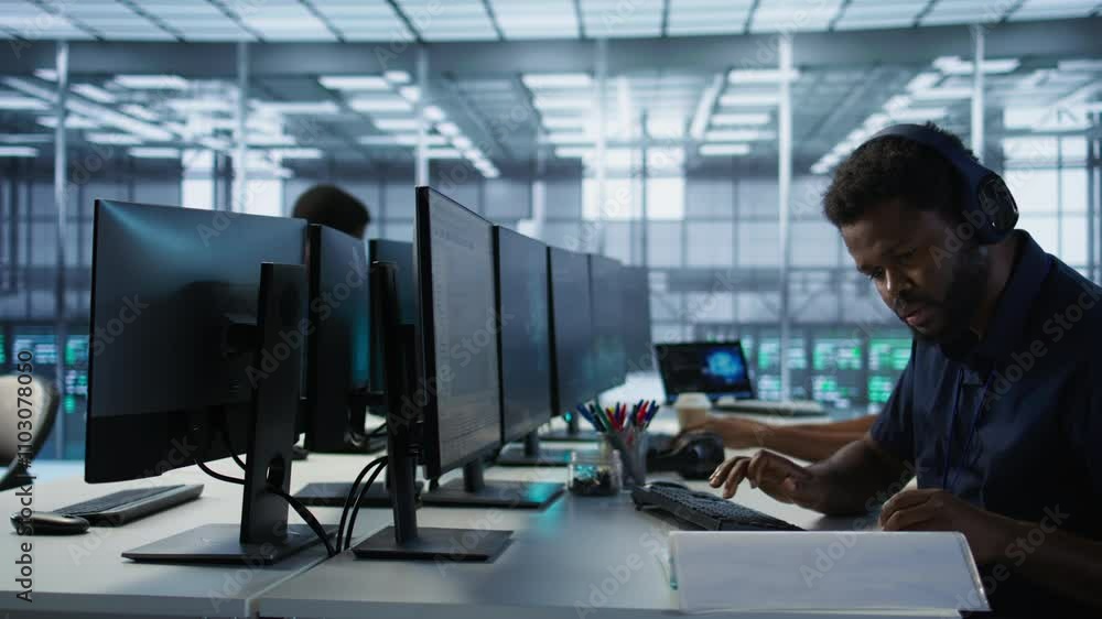 Engineer in server room looking over documents, developing disaster recovery plans ensuring minimal downtime. Worker reading paperwork in data center, using analytics to monitor performance, camera A Engineer in server room looking over documents, developing disaster recovery plans ensuring minimal downtime. Worker reading paperwork in data center, using analytics to monitor performance, camera A