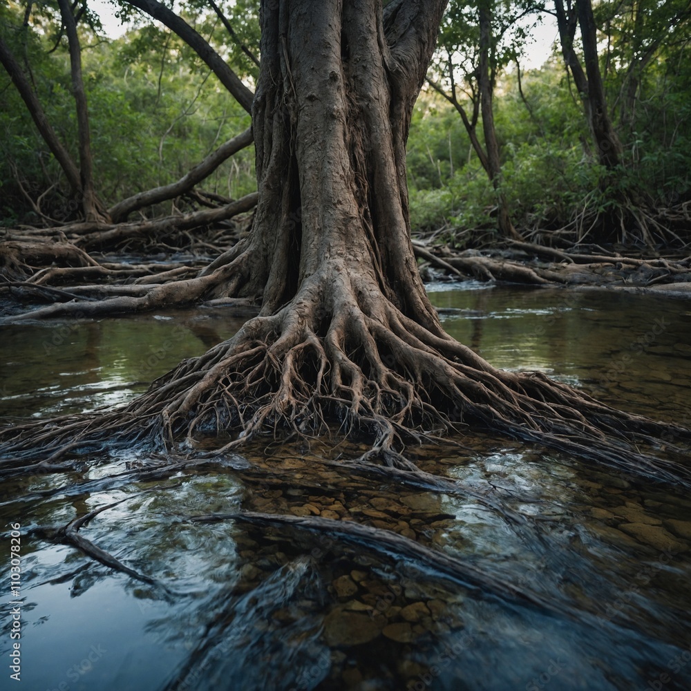 Fototapeta premium A tree with roots exposed in a shallow stream.