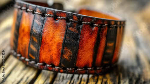 Handmade leather cuff bracelet with unique tiger stripe design, showcasing intricate stitching and rich colors. Perfect for fashion enthusiasts photo