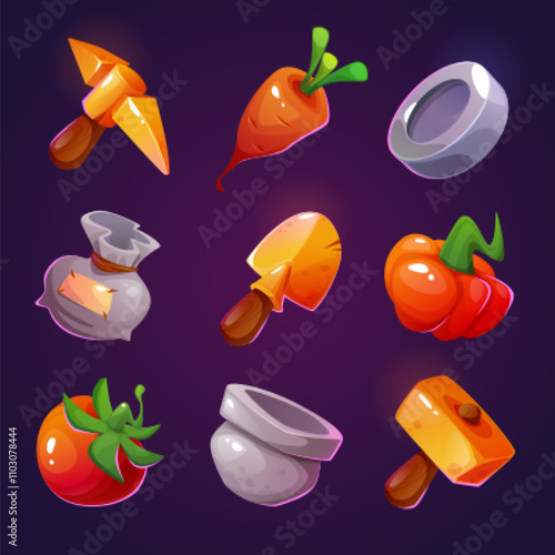 Farm game icon with vegetable. Ui food product and bag for supermarket or mobile casino slot. Tomato, carrot, pumpkin and pot for gardening. Dig shovel and fresh harvest object. Coin symbol gui