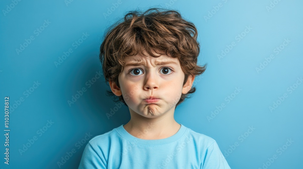 Humorous child with curly hair making a pouty face, wearing a light blue t-shirt against a solid blue background. Humorous child with curly hair making a pouty face, wearing a light blue t-shirt against a solid blue background.