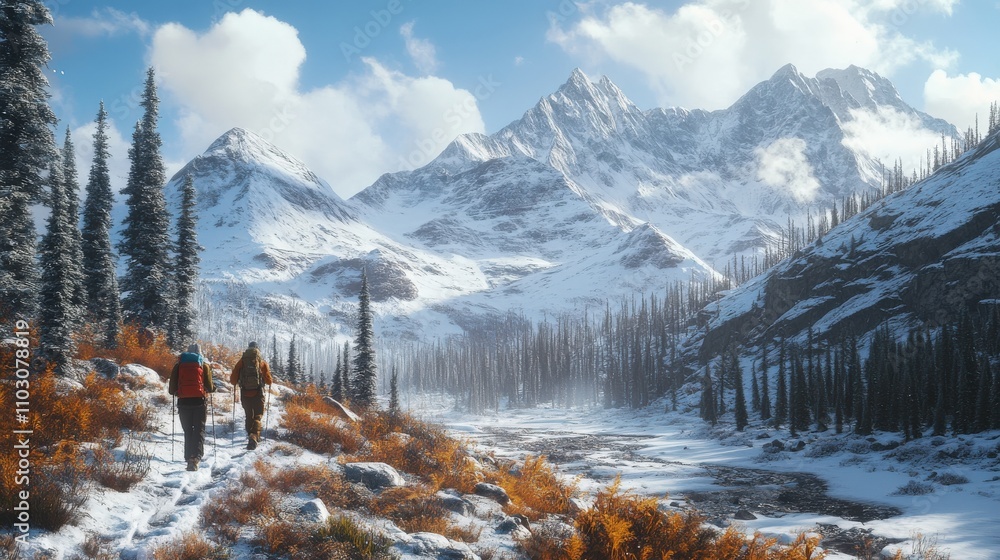 Hikers traverse a snow-covered trail in a stunning mountain range, surrounded by towering peaks and patches of vibrant autumn colors during a crisp winter day Hikers traverse a snow-covered trail in a stunning mountain range, surrounded by towering peaks and patches of vibrant autumn colors during a crisp winter day