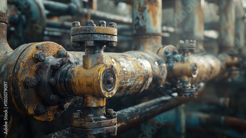 Rusty steel pipeline featuring intricate valves within an oil transportation system, showcasing aging infrastructure and industrial details.