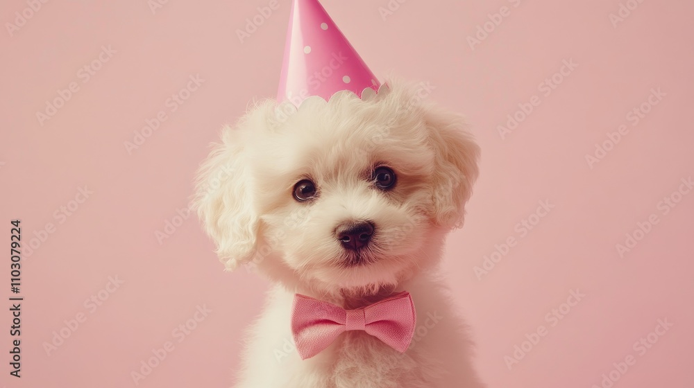 Bichon Frise puppy in a pink party hat and bowtie on a pastel background, perfect for birthday invitations and festive advertising. Bichon Frise puppy in a pink party hat and bowtie on a pastel background, perfect for birthday invitations and festive advertising.