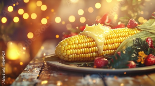 Grilled corn on the cob with melted butter on a rustic wooden table, surrounded by festive decorations and colorful berries in a warm, inviting setting.
