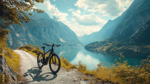 A sleek electric bike rests along a scenic path, offering breathtaking views of a calm lake and majestic mountains in the background. Nature's beauty invites exploration
