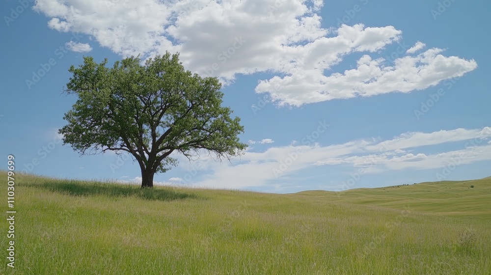 Lone tree standing in a lush green field under a vibrant blue sky adorned with fluffy white clouds, highlighting the beauty of the natural landscape. Lone tree standing in a lush green field under a vibrant blue sky adorned with fluffy white clouds, highlighting the beauty of the natural landscape.