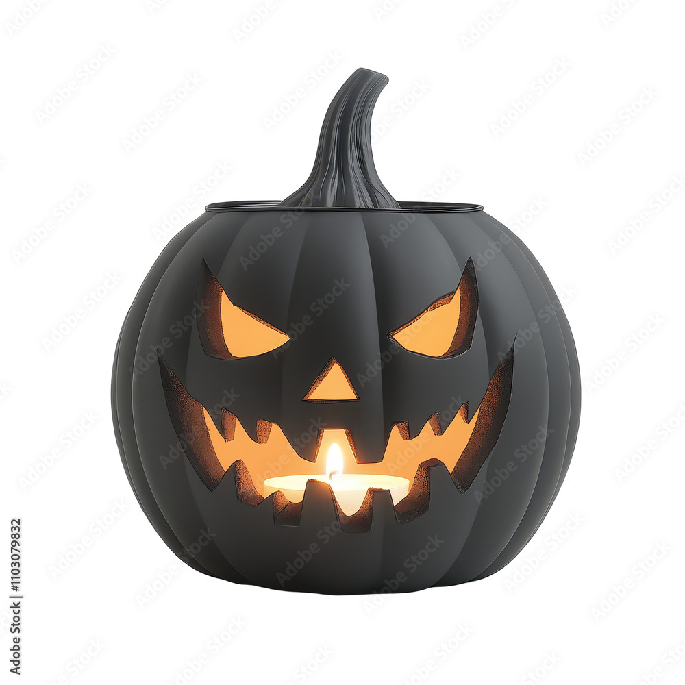 Fototapeta premium A black pumpkin with a scary face and a lit candle inside Transparent Background