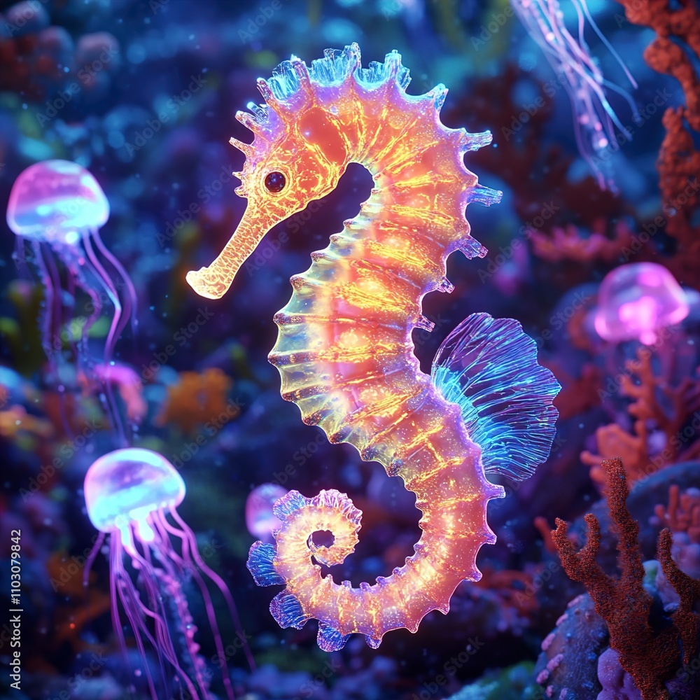 Luminous Sea Horse in Vibrant Underwater Scene Luminous Sea Horse in Vibrant Underwater Scene