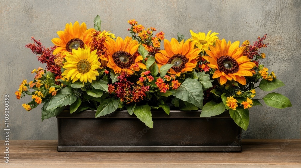 Autumn planter showcasing vibrant sunflowers and colorful blooms perfect for seasonal outdoor home decor. Ideal for enhancing fall aesthetics. Autumn planter showcasing vibrant sunflowers and colorful blooms perfect for seasonal outdoor home decor. Ideal for enhancing fall aesthetics.