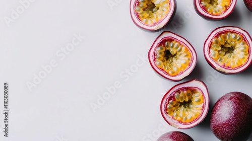 Wallpaper Mural Half and whole purple passion fruits arranged decoratively on a light backdrop, showcasing their vibrant colors and unique interior textures. Torontodigital.ca