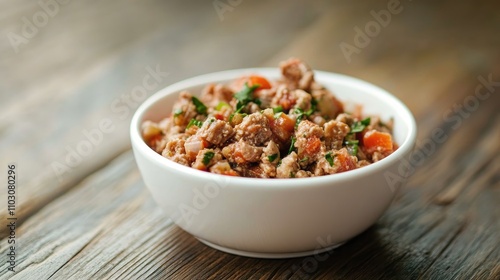 Close-up of moist pet food featuring mixed ingredients in a white bowl, placed on a rustic wooden floor, highlighting texture and color.