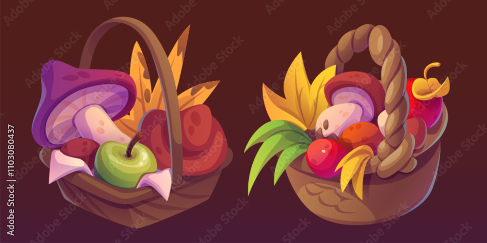 Naklejka premium Autumn mushroom basket for Thanksgiving vector. Collect apple harvest for fall composition gift. Yellow and green leaves garden asset for game in village. Holiday organic agriculture and ingredient