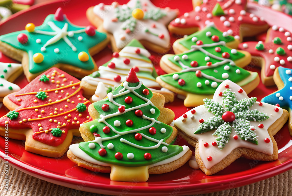 Christmas cookies decorated with icing on red plate Christmas cookies decorated with icing on red plate